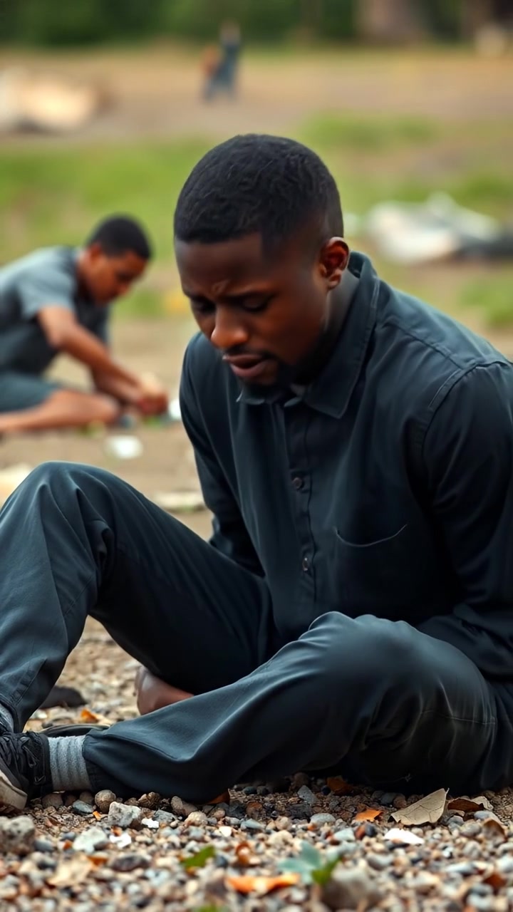 Isaiah sitting on the ground, visibly struggling to catch his breath, with a worried expression. Natural lighting highlights his tense features, smooth camera movement captures his distress, in a quiet, somber atmosphere. The background features a blurred outdoor setting with soft shadows. The audio features subtle breathing sounds.