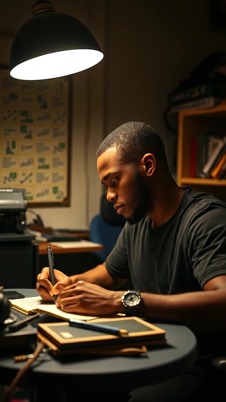 Isaiah studying with determination at a small, cluttered table in a dimly-lit room, illuminated by a warm, soft glow from a desk lamp. High-detail, smooth camera movement capturing focus and concentration. The background features scattered books and papers, with ambient quietness and subtle hints of focus. The audio features a gentle ticking clock.