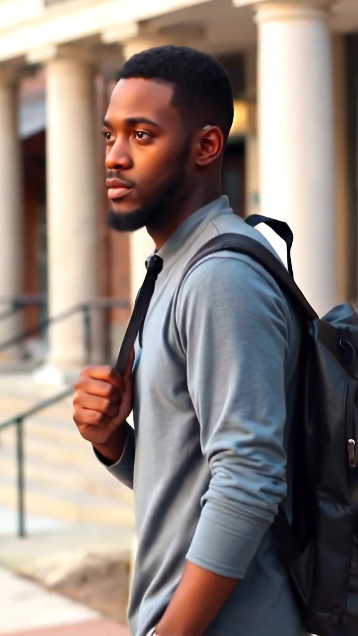Isaiah walking purposefully towards a school entrance, carrying a backpack over one shoulder. The scene features natural daylight, high detail, and smooth camera movement in an urban setting. Warm tones and soft shadows create an inviting atmosphere. The background audio features morning city sounds.