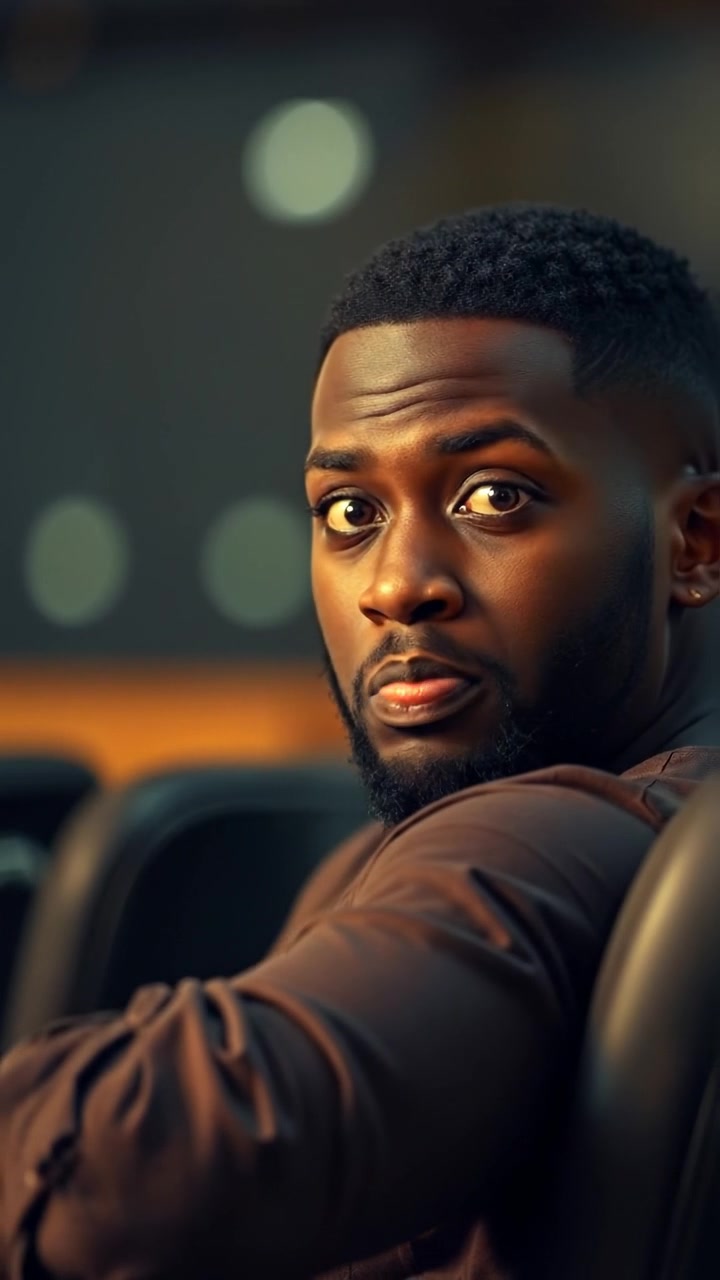 A man named Isaiah sits uneasily in a chair, displaying nervousness and confusion, illuminated by soft natural light with high detail, capturing subtle facial expressions and body language, with a gentle camera zoom and smooth motion. The background has a neutral setting, and the scene has a contemplative mood. The audio features a gentle, ambient soundtrack.