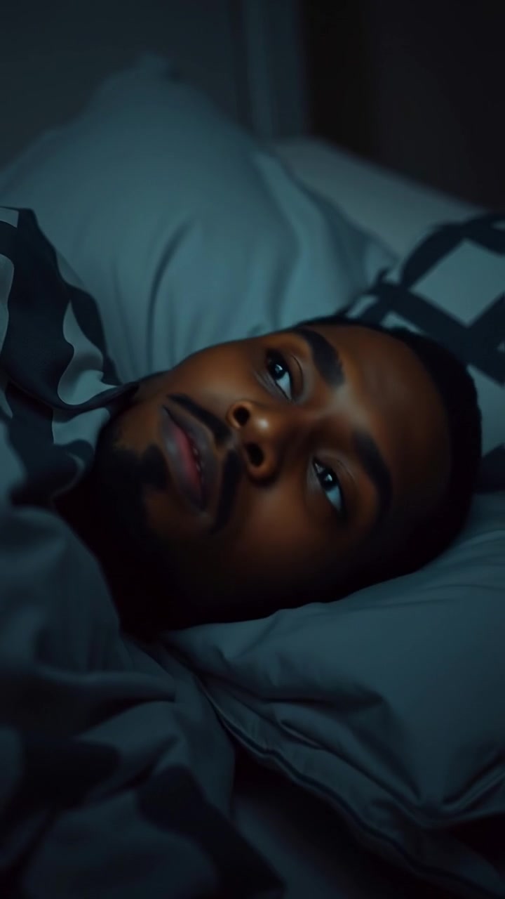 Isaiah lying in bed with a tense expression, in a dimly lit room with soft shadows and warm tones. The camera slowly dolly-in, focusing on his anxious face amid cluttered surroundings, with natural lighting emphasizing his unease. The background features a quiet, eerily still bedroom ambiance. The audio features whispering wind in the background.