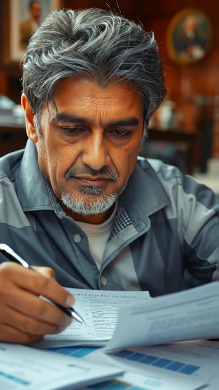 Close-up of Raj's thoughtful expression amidst scattered financial documents on a cluttered table, illuminated by soft, natural lighting with high detail. Camera slowly zooms in, capturing the contemplative mood with warm tones and gentle shadows. The background features a blurred office setting. The audio features subtle office ambiance.