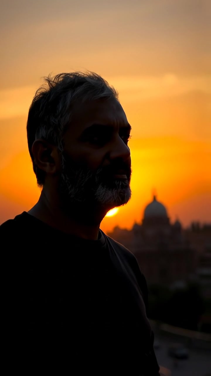 A silhouette of Raj standing tall against a vibrant sunset sky, emphasizing his name's significance in his identity. The scene features warm tones, soft shadows, and a gentle breeze, with smooth camera movement capturing the majestic landscape. The background audio features gentle wind sounds and distant bird calls.