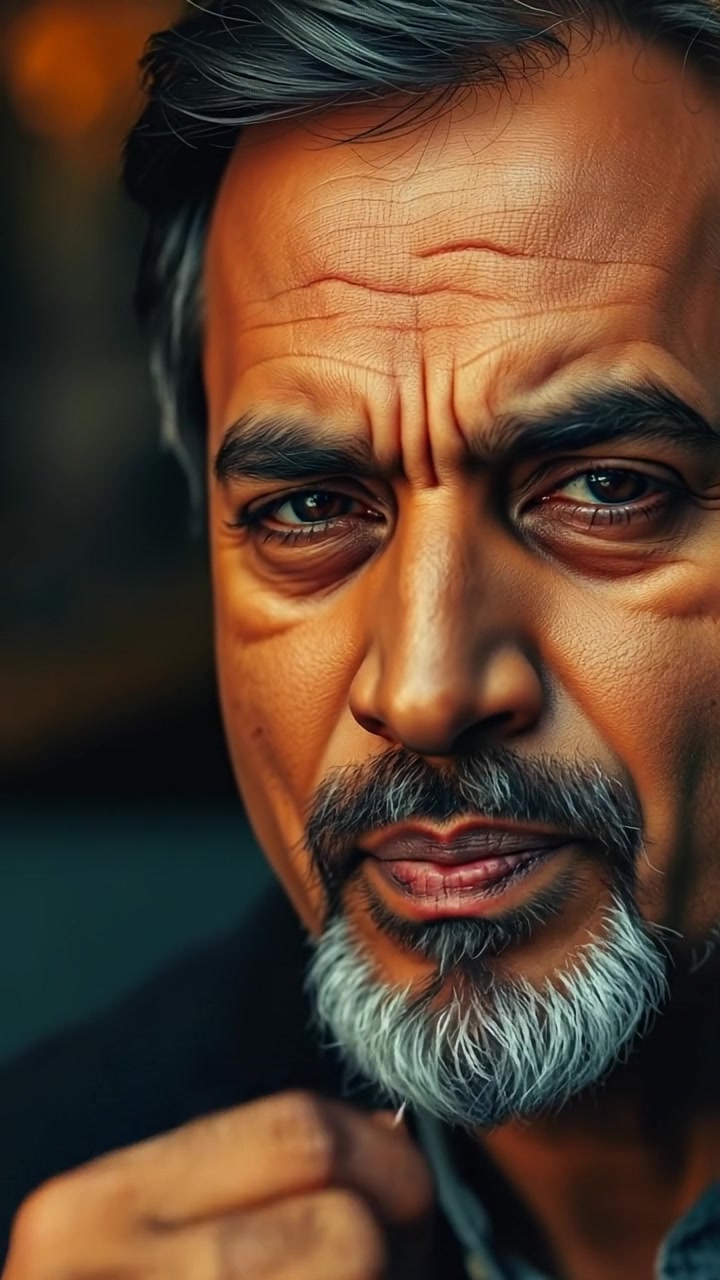 Close-up of Raj's confident, sneering face as he speaks his challenge, illuminated by warm natural lighting, capturing high detail and smooth camera focus, with a slightly shallow depth of field to emphasize expression. The background features a softly blurred neutral setting. The audio features subtle background noise with no dialogue.