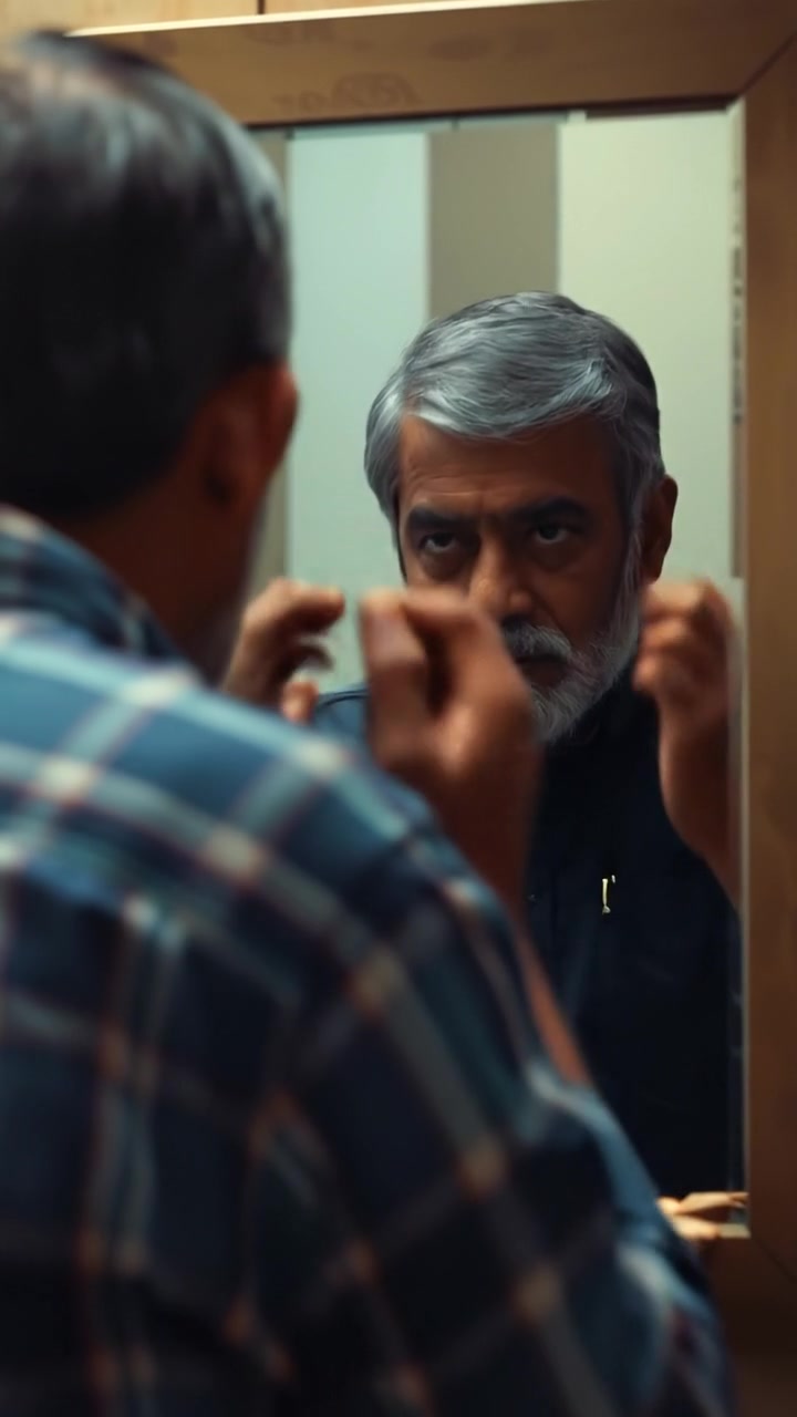A focused shot of Raj standing before a mirror, visibly anxious, hands gripping the mirror's edge, bathed in soft natural lighting with high detail. The camera slowly zooms in as the scene captures his uneasy expression, with a subtle background of a warmly lit room and gentle shadows. The audio features subtle ambient sounds of a quiet room.