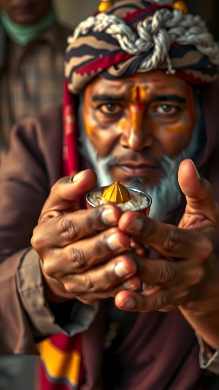 Close-up of Raj's rough, worn hands gently holding a small offering, captured with warm natural lighting and high detail. Smooth camera focus emphasizes texture, creating an intimate and heartfelt atmosphere. The background features soft, blurred colors. The audio features gentle ambient sounds.