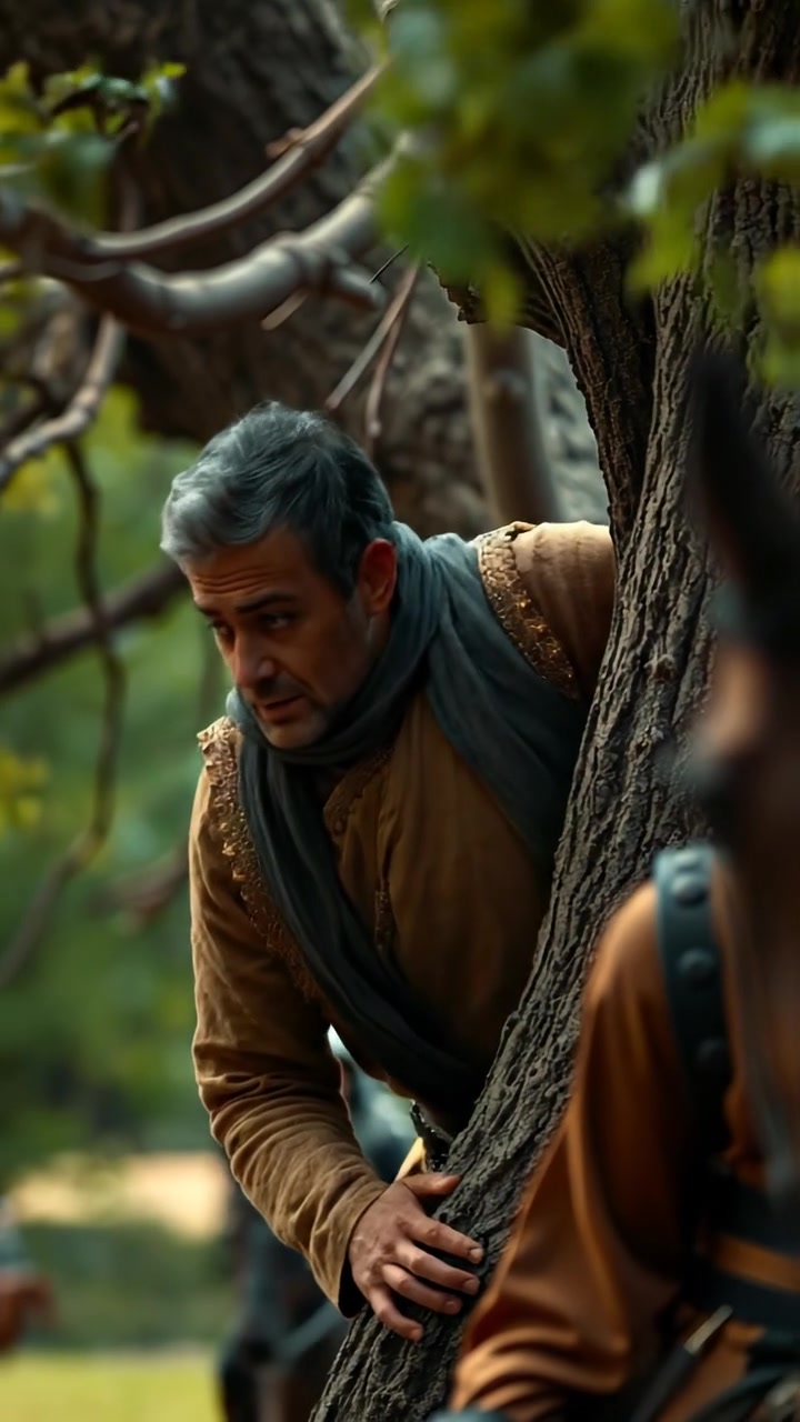 Omar climbing into a large, lush tree with detailed leaves, his anxious expression visible, as approaching horsemen ride in the distance. Natural soft lighting highlights the scene with a sense of tension, camera smoothly zooms in. The background features a serene countryside. The audio features gentle wind sounds.