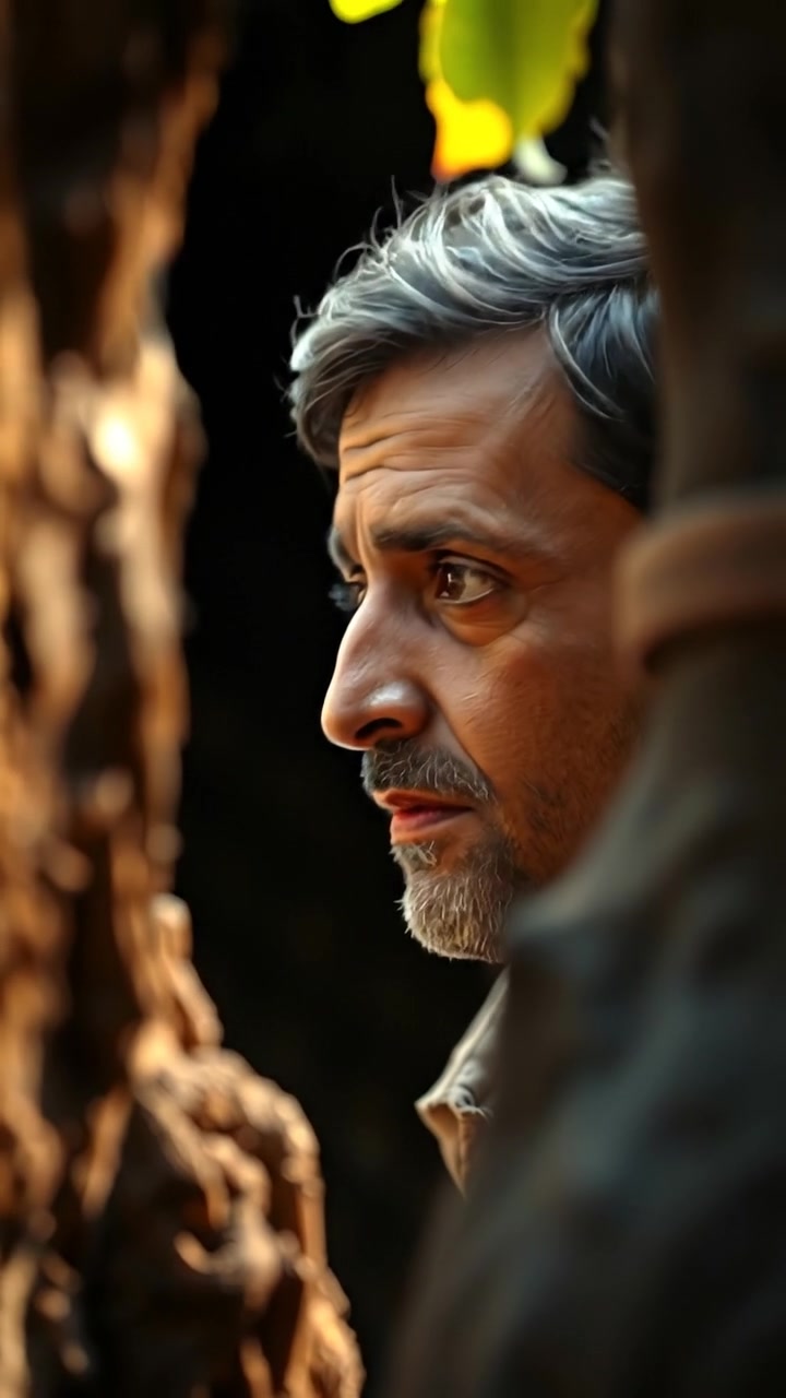 A young man named Omar peeking from behind a lush tree, with a concerned and curious expression as he gazes at a mysterious cave. Natural lighting highlights his features, soft shadows add depth, and a gentle breeze rustles through the leaves. The background features a rugged landscape, with ambient sound of distant wind and flowing water.