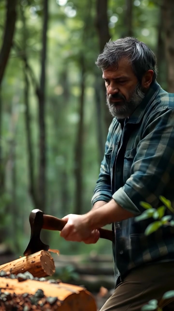 A middle-aged woodcutter named Omar working in a dense, lush forest, chopping wood with a classic axe. The scene features natural lighting, high detail, and smooth camera movement, with sunlight filtering through thick foliage. The background audio features gentle forest ambiance and chirping birds.
