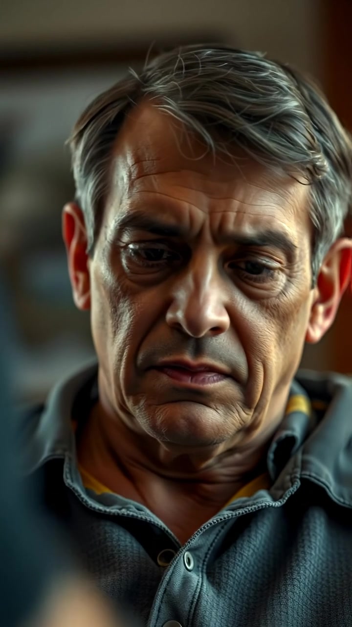 Omar with a serious expression, reflecting intensely on a past argument, captured in soft natural lighting with high detail and smooth camera focus, emphasizing his contemplative mood. The background is subdued, highlighting his emotional state, with gentle cinematic moves. The audio features subtle ambient sounds.