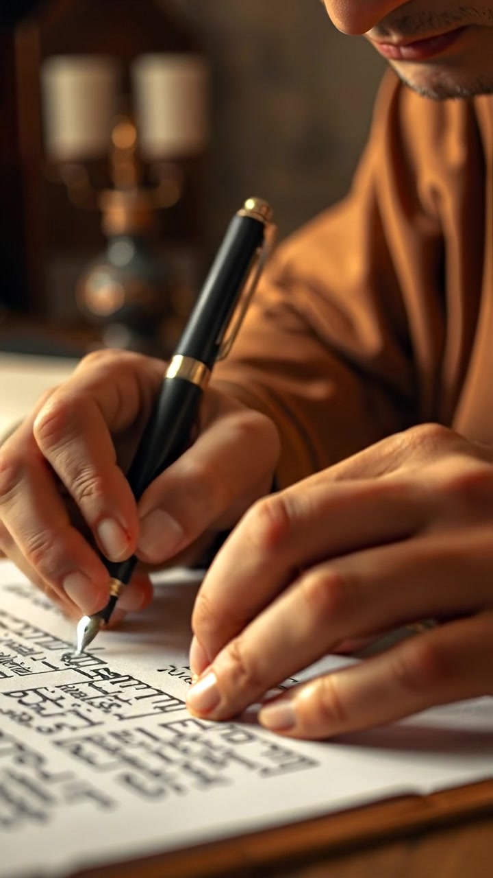 A close-up of Omar's hands as he writes, pen poised above parchment, illuminated by warm natural light, with high detail and a soft focus background. The camera captures smooth, gentle movements, emphasizing the delicate craft. The background audio features the soft scratching of the pen on paper.