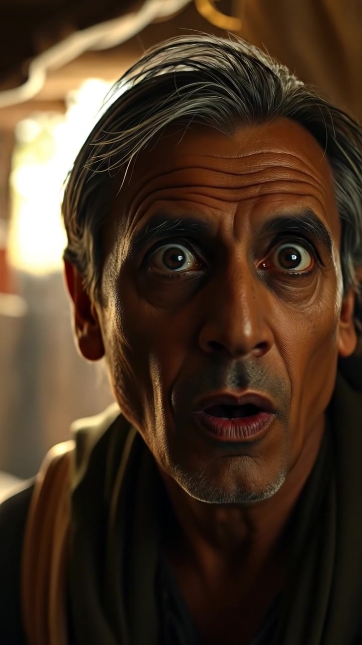 A close-up of Omar's surprised face as a cave door opens, revealing a burst of natural sunlight. The scene features warm tones, soft shadows, and a smooth camera dolly-in that emphasizes the moment of revelation. The background sound includes the subtle echo of cavernous acoustics and ambient outdoor sounds.