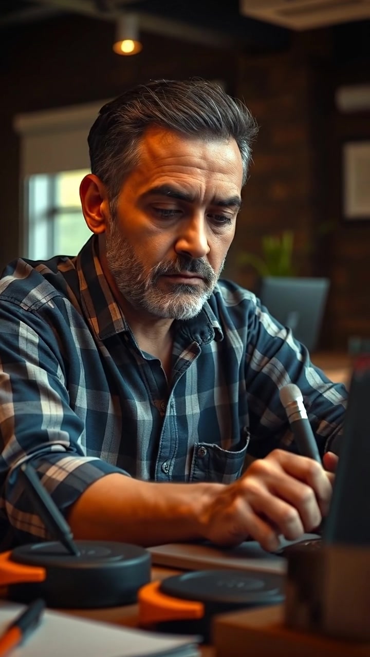 A determined Omar sitting at a desk, deeply focused on his work, with warm natural lighting illuminating his face, high detail and smooth camera movement capturing an intimate shot. The background is softly blurred, emphasizing concentration. The audio features subtle ambient sounds of a quiet room.