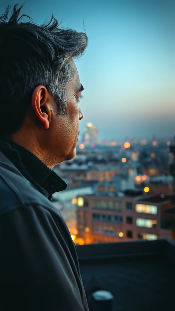 Omar on a rooftop overlooking a sprawling cityscape at sunset, captured in warm golden tones with soft shadows, gentle breeze rustling his hair, in high detail with smooth camera movement that slowly pans across the skyline. The background audio features distant city sounds and a faint breeze.