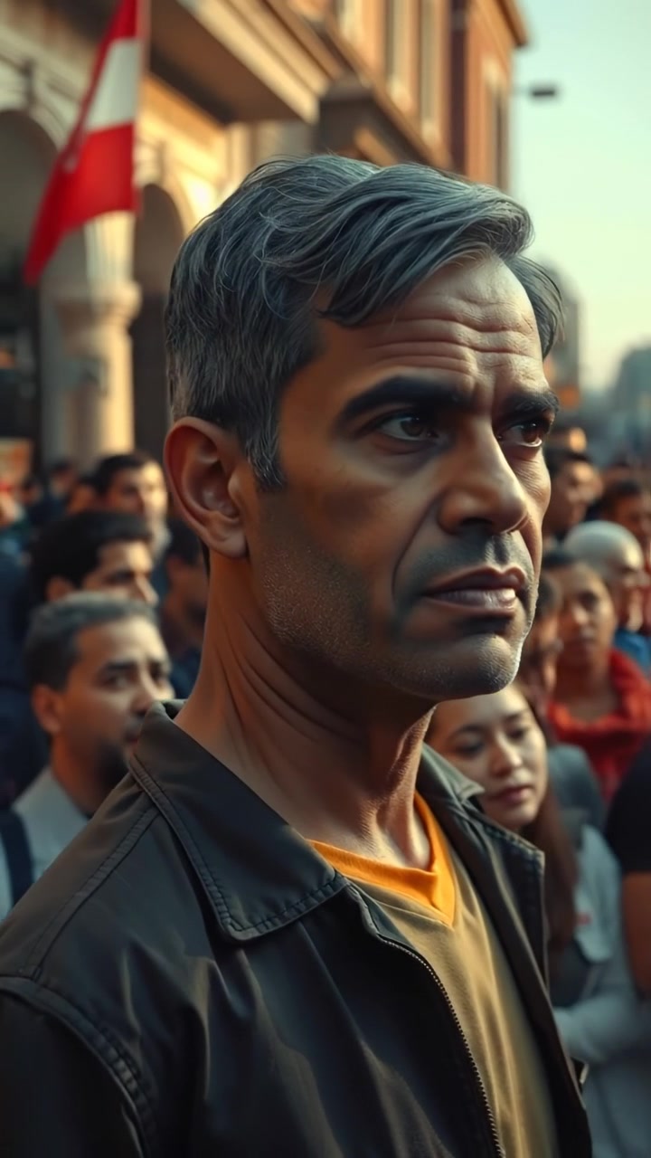 Omar standing tall amidst a bustling crowd, with a determined expression. Capture this in natural lighting with high detail, smooth camera movement, and a slight upward angle to emphasize his presence. The background is lively with blurred faces and city elements. The audio features ambient city sounds.