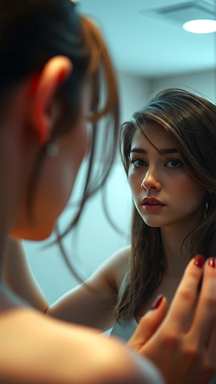A young woman with an anxious expression gazing at her reflection in a mirror, bathed in soft natural light, high detail and smooth camera motion capturing her subtle emotions, set in a warmly lit cozy room with gentle shadows. The audio features calm, introspective music in the background.