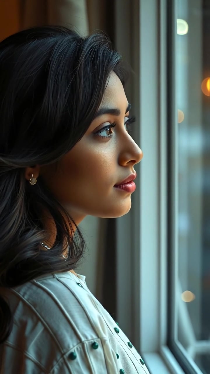 Priya gazing thoughtfully out of a window with a distant look, illuminated by soft natural light. The scene features high detail, smooth camera movement in an indoor setting with warm tones and gentle shadows. Background audio includes subtle city sounds or gentle wind.