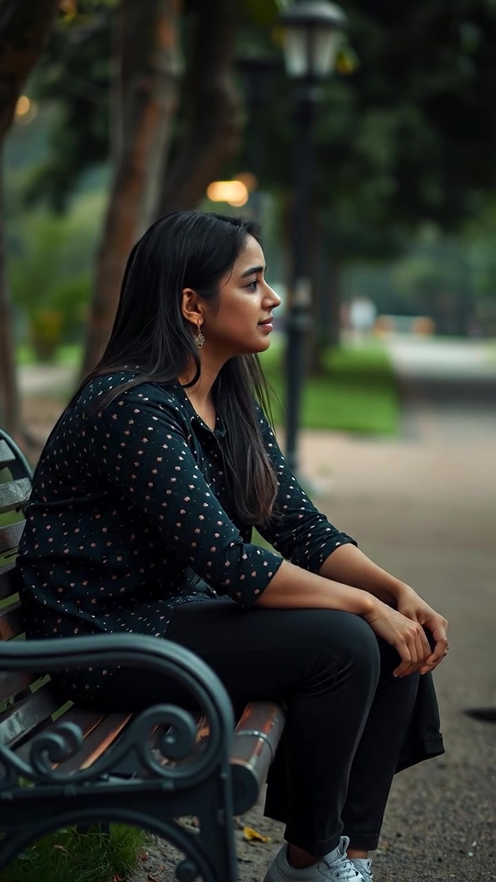 Neela sitting pensively on a park bench, hands resting on her knees, gazing into the distance with a contemplative expression. Bathed in soft natural light under an overcast sky, with lush greenery around. A gentle breeze moves through the scene. The audio features chirping birds.