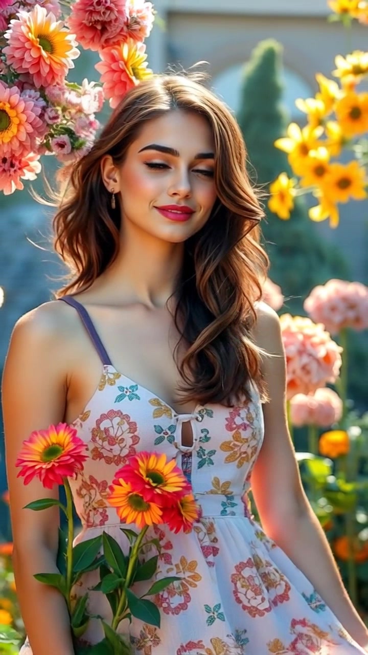 Subject: A young woman standing gracefully in a sunlit garden, surrounded by vibrant blooming flowers. Subject movement: She twirls gently, her dress flowing in the warm breeze. Scene: Lush garden filled with a kaleidoscope of colorful flowers, framed by a bright, clear sky. Style: Morning light casting soft shadows across the blossoms, creating a cheerful and inviting atmosphere. Motion: The camera performs a smooth circular dolly around her, capturing the beauty of both the subject and the flourishing garden.