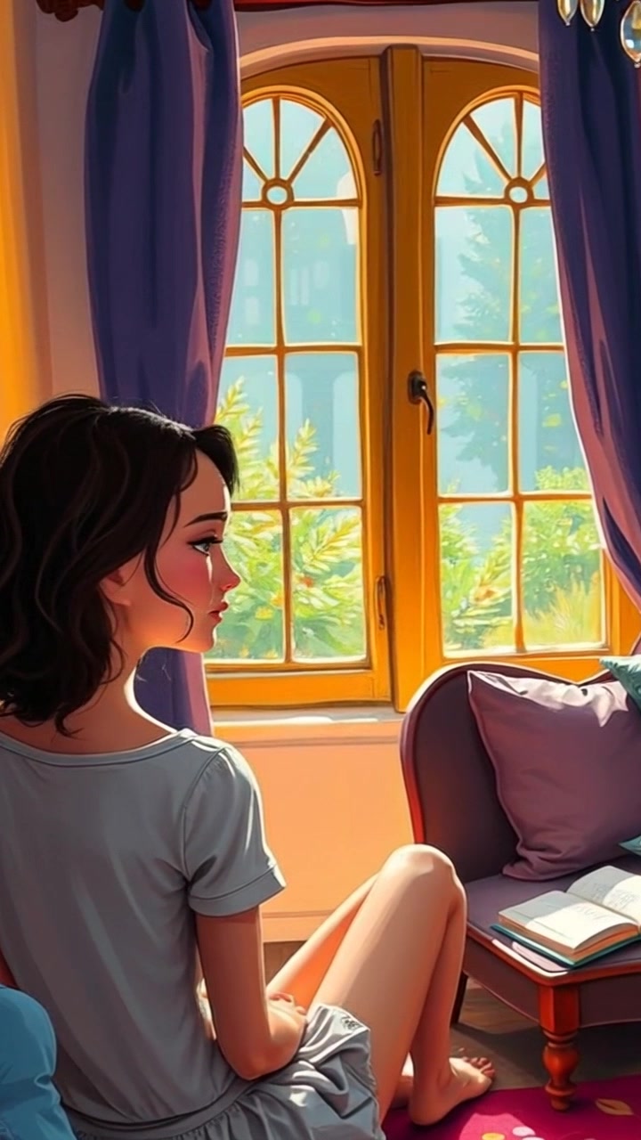 Subject: A person sitting alone in a quiet bedroom, tears glistening in their eyes. Subject movement: The subject turns slightly to gaze out the window, the light catching the tears as they blink back emotions. Scene: A soft, intimate bedroom setting, with warm lighting filtering through sheer curtains, creating a tranquil and reflective atmosphere. Motion: The camera gently pushes in, focusing on the subject's emotive expression, while soft, ambient light enhances the mood of vulnerability and introspection.