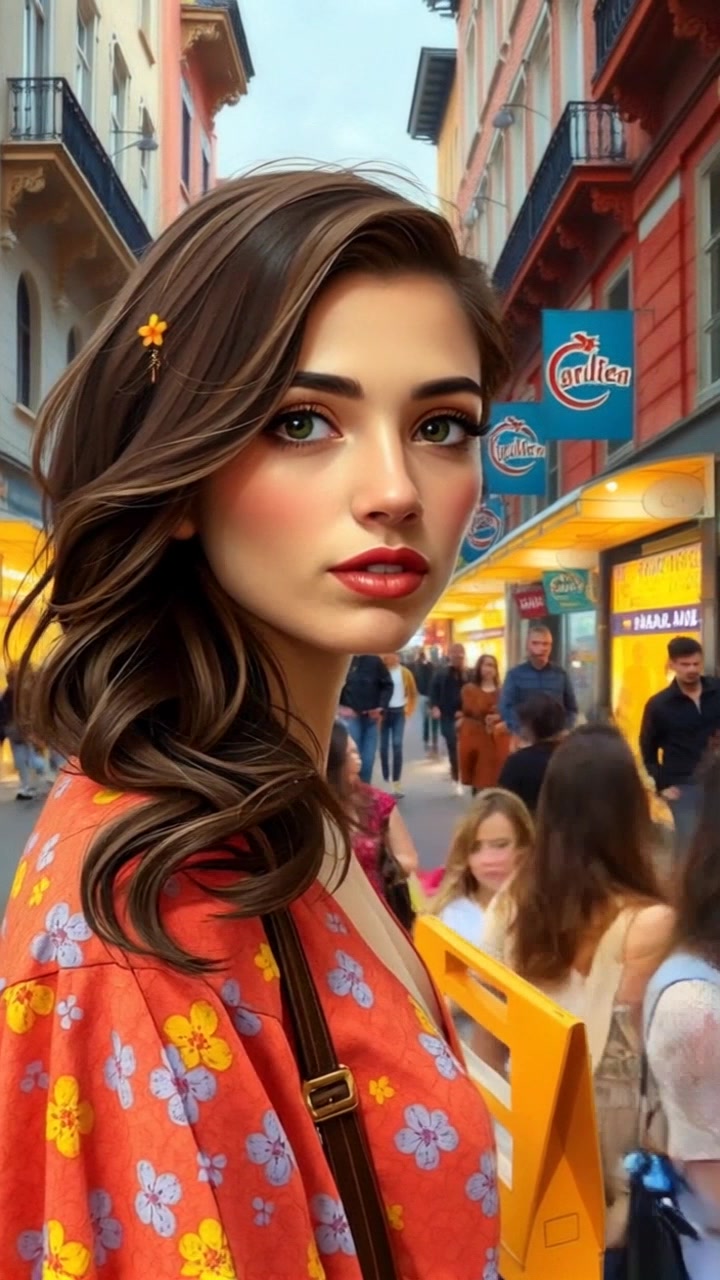 Subject: Maya standing amid a bustling city street, surrounded by a diverse crowd of people moving energetically. Scene: Vibrant urban atmosphere filled with colorful storefronts and pedestrians, showcasing the lively essence of city life. Lighting: Bright, daylight illumination with reflections off glass buildings creating an inviting scene. Motion: A dynamic handheld camera tracking shot that weaves through the crowd, capturing Maya's presence while the bustling activity surrounds her, accentuating the vibrant, energetic mood.