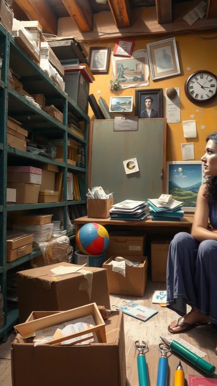 Scene: A dusty attic filled with old boxes and memorabilia, capturing a sense of nostalgia and discovery. Style: Soft ambient light filtering through a small window, casting delicate shadows on the floor. Motion: The camera gently pans across the attic, revealing the various artifacts and their stories, while a subtle breeze rustles a few loose papers.