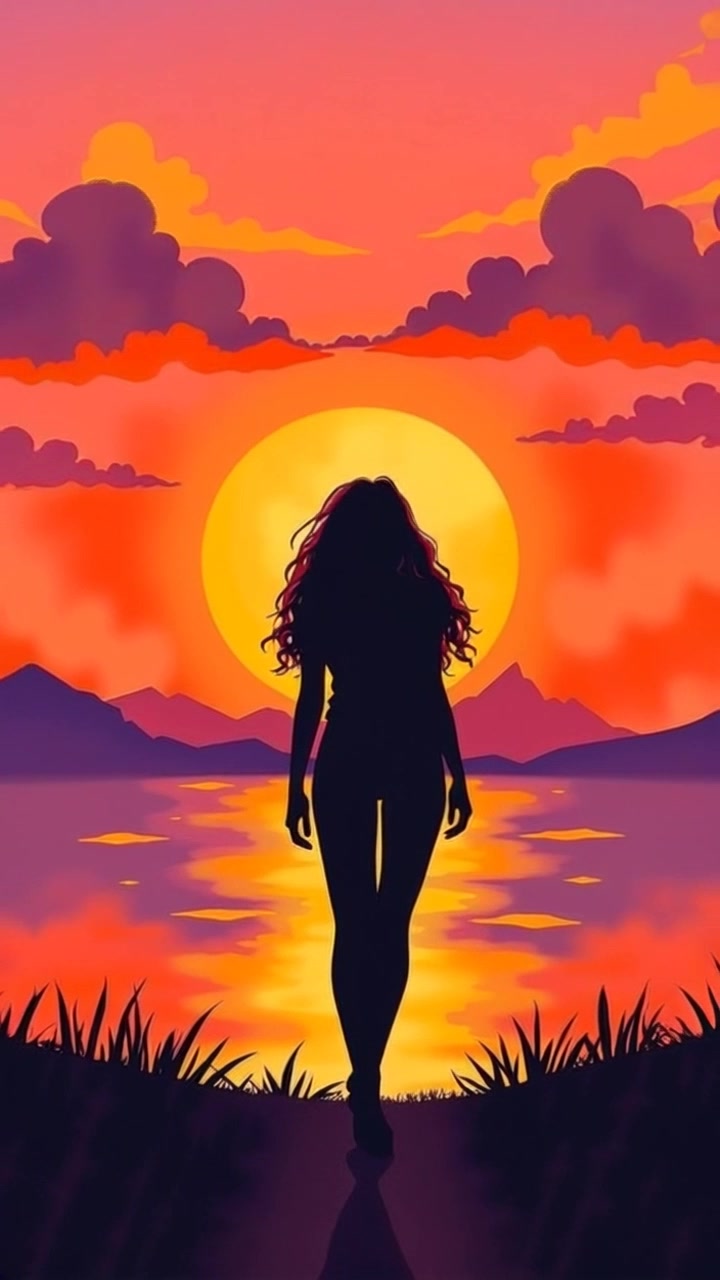 Subject: A silhouette of an individual standing strong against a backdrop of an expansive sunset. Scene: The glowing horizon is painted with hues of orange, pink, and purple, embodying warmth and hope as daylight fades. Motion: The camera begins with a close-up of the silhouette, then slowly pulls back to reveal the full scene of the sunset, with soft, ambient lighting enhancing the serene atmosphere.