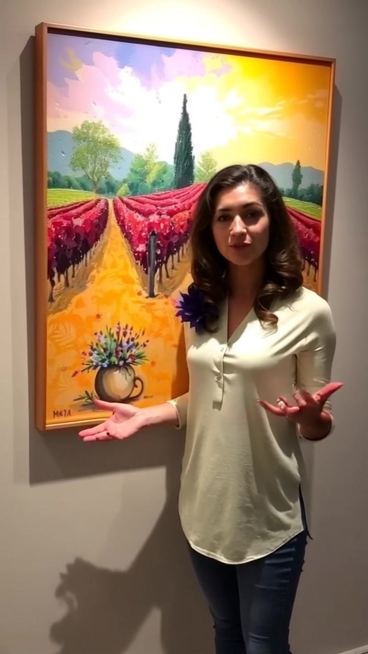 Subject: Maya standing proudly beside 'The Red Vineyard' painting in her gallery. Subject movement: Maya gestures animatedly as she discusses the artwork with an unseen audience. Scene: An art gallery filled with vibrant paintings and elegant lighting, showcasing a sophisticated atmosphere. Style: Soft ambient lighting illuminating the colorful paintings with a warm, inviting glow. Motion: The camera gently sweeps around Maya, capturing her enthusiasm and the captivating details of the artwork in a smooth, dynamic panning shot.