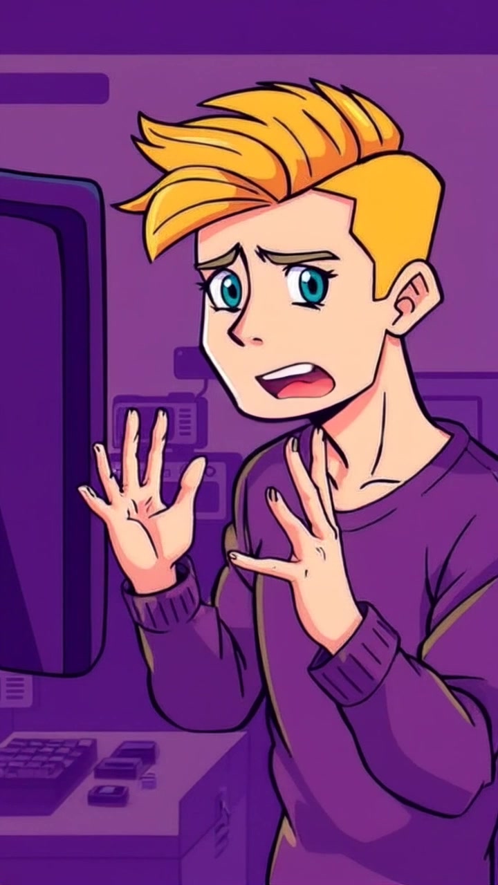 Subject: A frustrated gamer, animatedly gesturing at his screen during an intense gaming session. Subject movement: He throws his hands up in exasperation. Scene: Dimly lit room filled with gaming equipment, neon lights illuminating the space in the background. Style: Moody ambient lighting enhanced by vibrant colors from the screen. Motion: The camera shakes slightly as it zooms in on his animated expressions, capturing the tension and excitement of the moment.