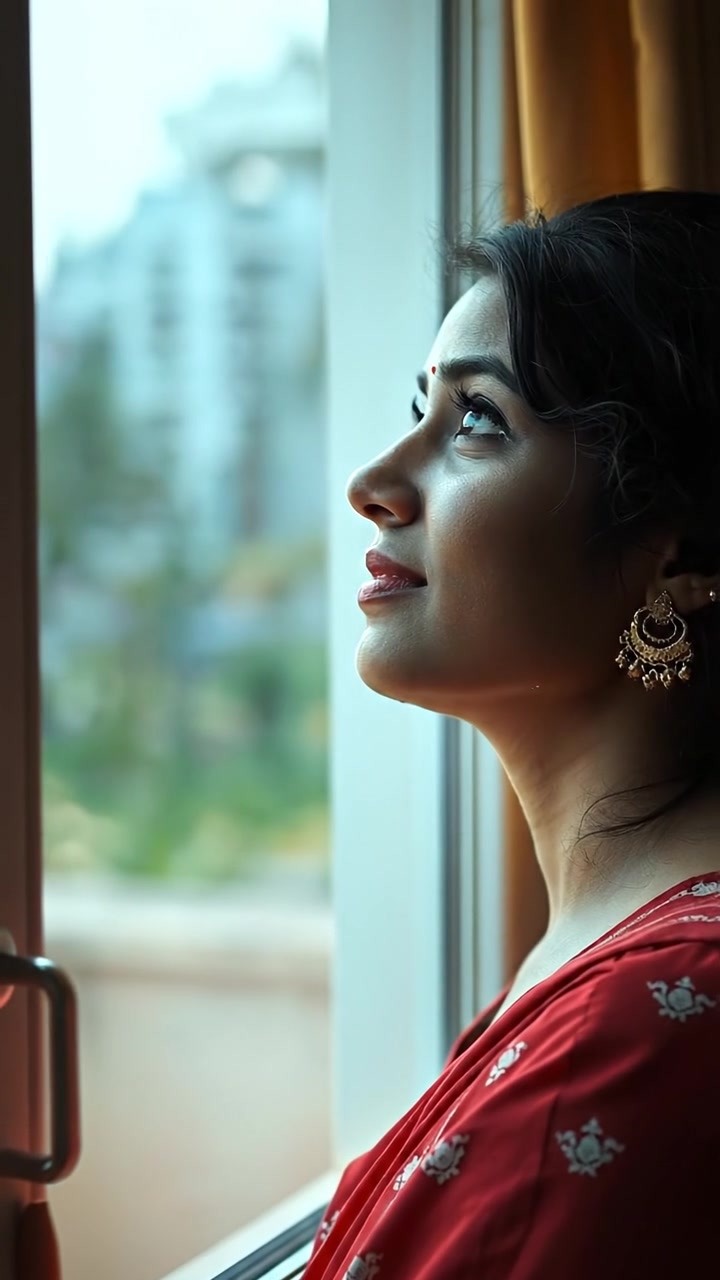 A young woman named Meena gazes out a large window with a hopeful expression, illuminated by soft natural light. The scene features warm tones and gentle shadows, with a smooth camera slow tilt to capture her thoughtful look. The background audio features gentle wind sounds.