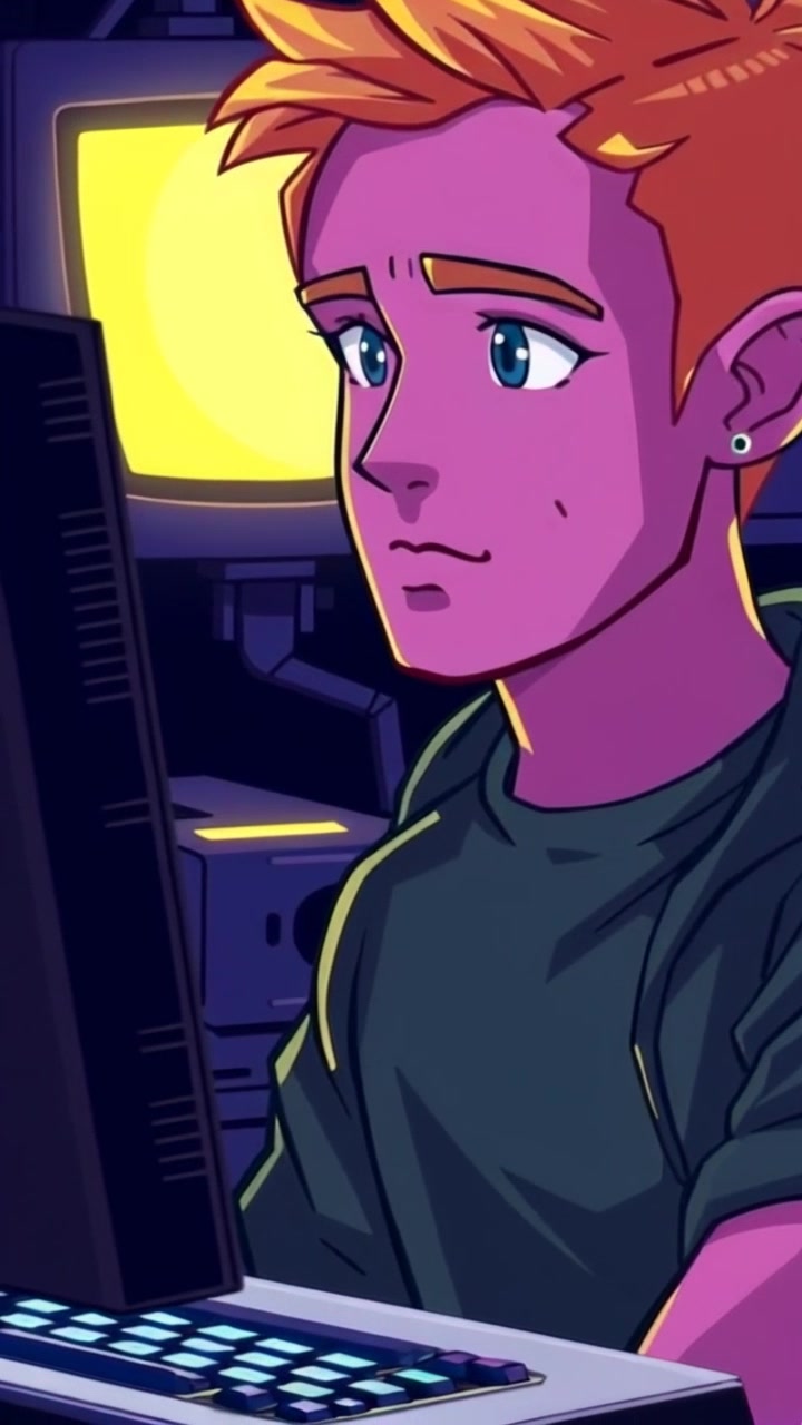 Scene: A dimly lit room with a glowing computer screen illuminating a focused face. Style: Soft, low-key lighting creates an intimate atmosphere with deep shadows. Motion: The camera gently zooms in on the subject's expression, highlighting the glow from the screen reflecting in their eyes as they type.