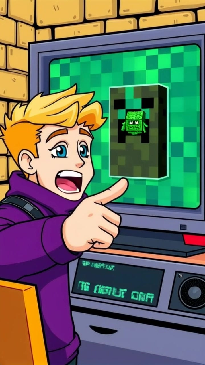 Subject: Ryan eagerly pointing at a Minecraft screen displaying a menacing creeper. Subject movement: Ryan gestures animatedly, his hand extending towards the screen, conveying a sense of urgency and excitement. Scene: A dimly lit gaming room filled with colorful LED lights, creating a vibrant atmosphere. Style: Cool blue and green lighting accents reflecting the digital theme of the game. Motion: The camera zooms in slightly on Ryan's face to capture his intense expression, then transitions to a close-up of the Minecraft screen as it flickers with activity.