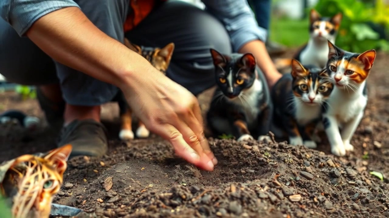 Subject: Hands planting seeds into rich, dark soil. Subject movement: The hands move briskly, patting down the soil and scattering seeds with focused intent. Scene: A lush garden bed surrounded by vibrant greenery and small garden tools scattered nearby. Style: Soft morning light filtering through leaves, casting gentle shadows on the earth. Motion: Camera begins with a close-up on the hands, then smoothly pulls back to reveal the entire garden scene, highlighting the interaction with the soil and the nurturing environment.
