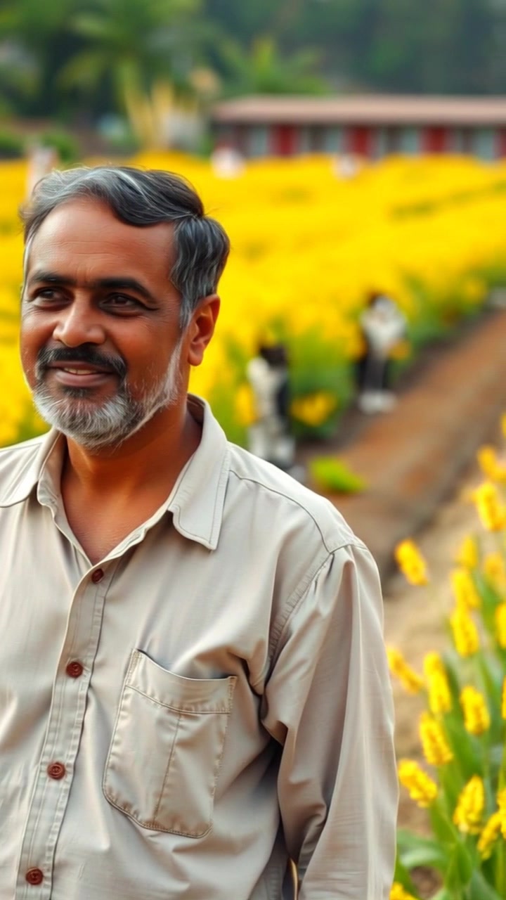Subject: Ramu standing proudly in his field. Subject movement: Ramu gazes with satisfaction at the thriving crops, occasionally shifting his weight as he surveys the landscape. Scene: A vibrant agricultural field under clear blue skies, with rows of healthy crops stretching into the distance. Style: Bright sunlight illuminating the scene, creating an uplifting and warm atmosphere. Motion: Camera slowly pans from Ramu's face to the lush field, highlighting the rich greens and golden hues of the crops as a gentle breeze sways them.