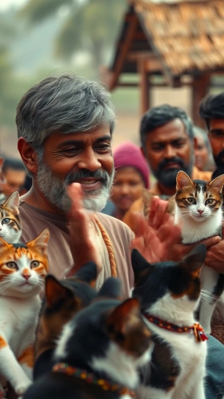 Scene: A vibrant village square filled with villagers warmly welcoming Raj, smiles and gestures of admiration all around. Style: Soft, warm lighting creates an inviting atmosphere, enhancing the sense of community. Motion: The camera smoothly pans through the crowd, capturing the joyful expressions and interactions as Raj walks through, receiving their admiration with a friendly wave.