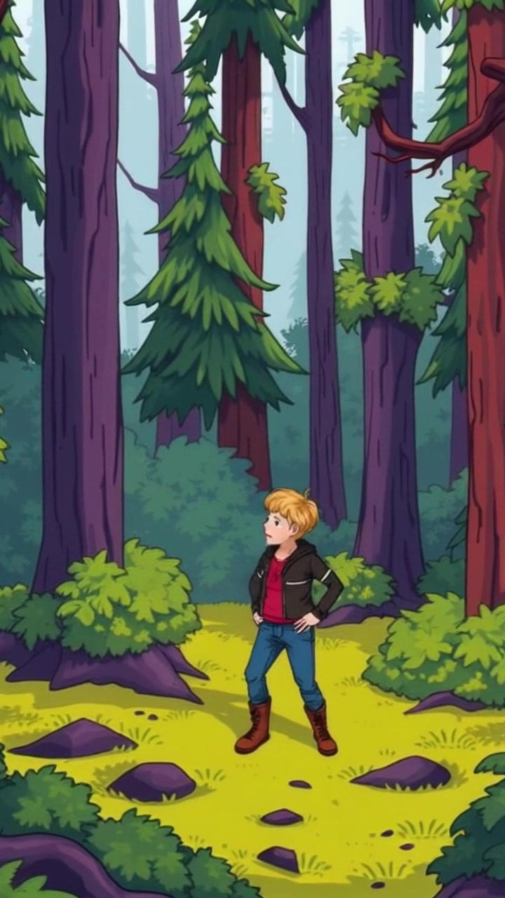 Subject: A person standing nervously in a forest clearing. Scene: A dense forest clearing surrounded by towering trees and thick undergrowth, with dappled sunlight filtering through the leaves. Motion: Camera captures a slow push-in towards the person, showcasing their anxious expression as they glance around the serene yet slightly ominous forest. Lighting: Soft, diffused ambient light creates an ethereal and slightly mysterious atmosphere.