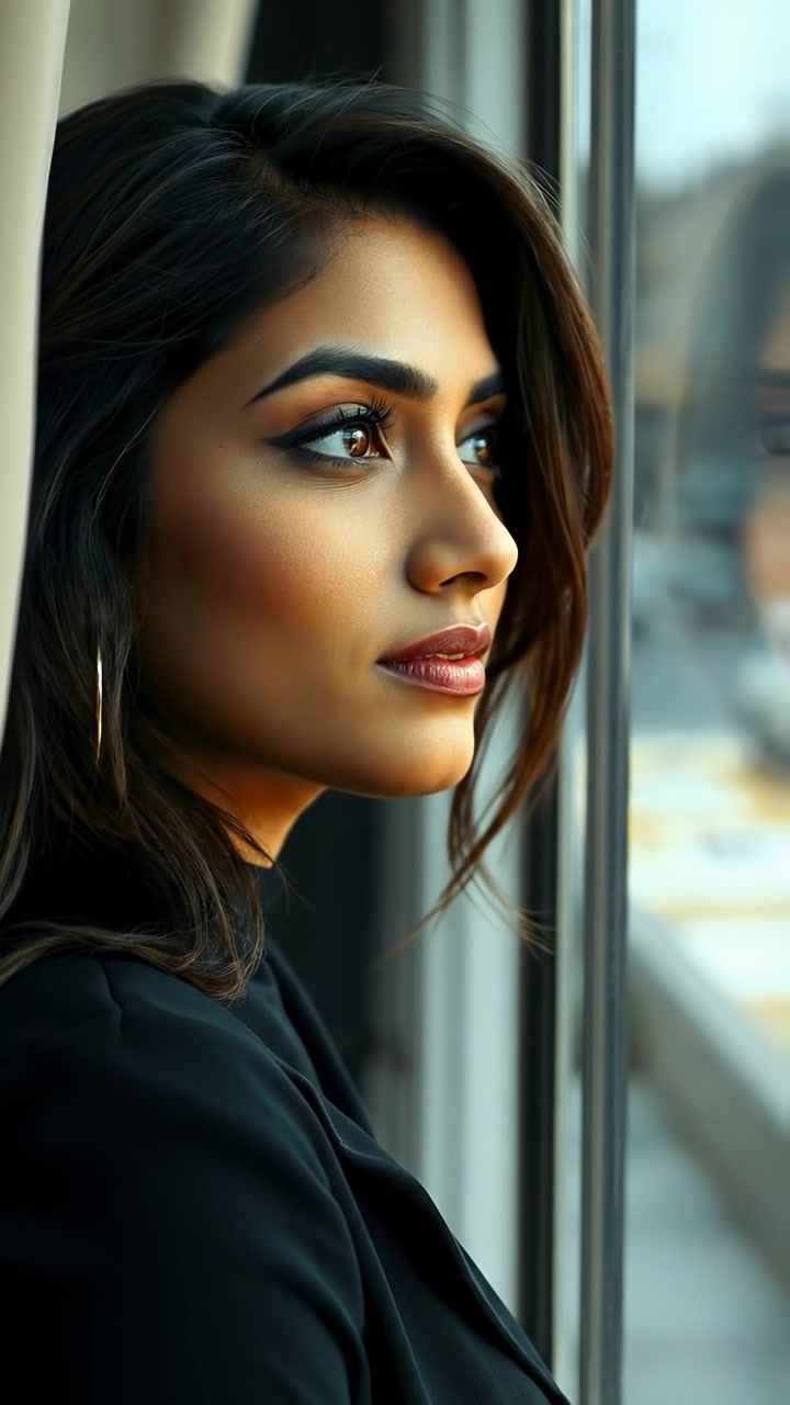 Priya gazes out a window with a contemplative expression, the softly blurred exterior suggesting introspection. Natural, warm lighting bathes her face in gentle tones; the scene features smooth camera movement and high detail. Soft ambient sounds of a quiet city or nature in the background.
