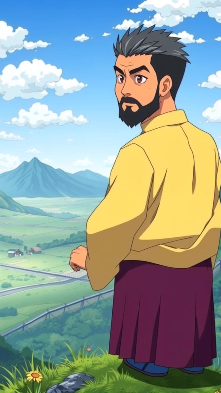 Subject: A tranquil figure standing on a small hill. Subject movement: The figure remains still, gazing serenely over a peaceful valley. Scene: Wide-open landscape featuring lush greenery and gentle hills under a clear blue sky. Style: Warm morning light casts a soft glow over the scene, evoking a sense of calm and tranquility. Motion: The camera gently pushes in from a distance, slowly closing the gap to capture the serene expression on the figure's face as they take in the beautiful surroundings.