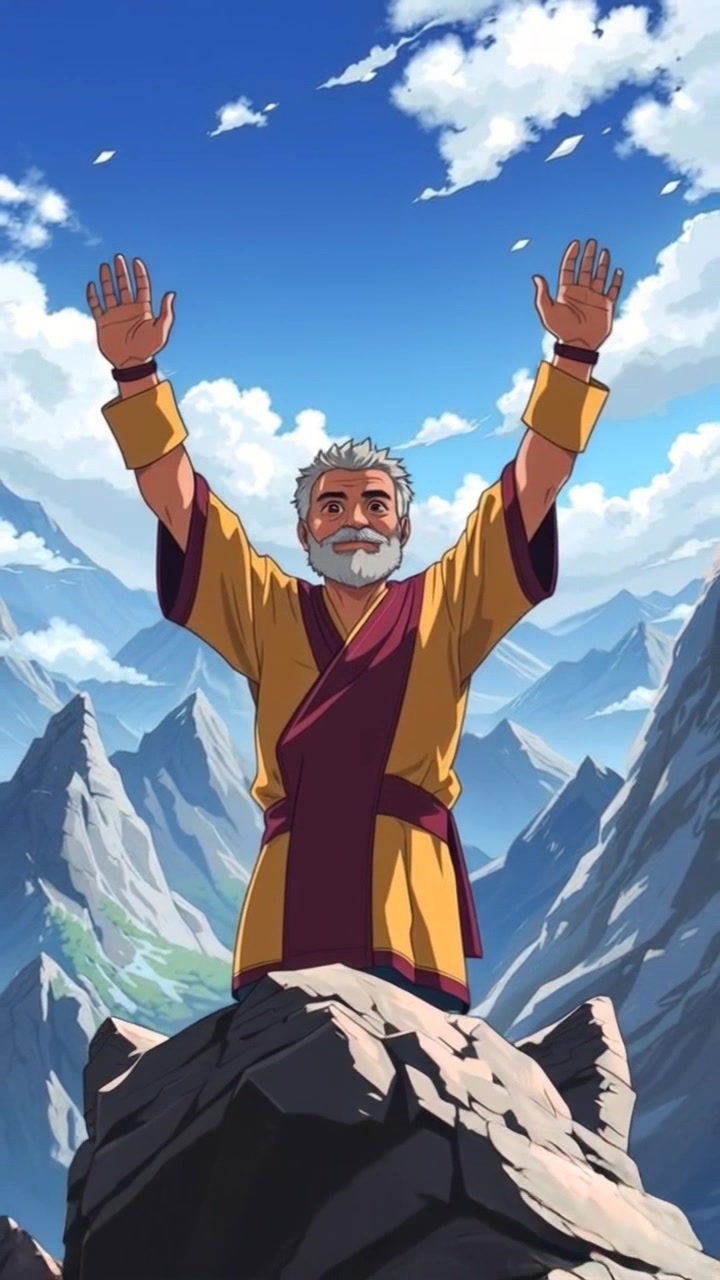 Subject: Kwame standing triumphantly on top of a mountain. Subject movement: Kwame raises his arms in victory against the expansive sky. Scene: Rugged mountain peak overlooking a vast landscape of valleys and distant hills. Style: Bright, morning light illuminating the rocky terrain and creating dramatic shadows. Motion: Camera begins with a low-angle shot focused on Kwame, then slowly pushes out to reveal the breathtaking scenery around him, showcasing the scale of the mountain and the sweeping view beyond.