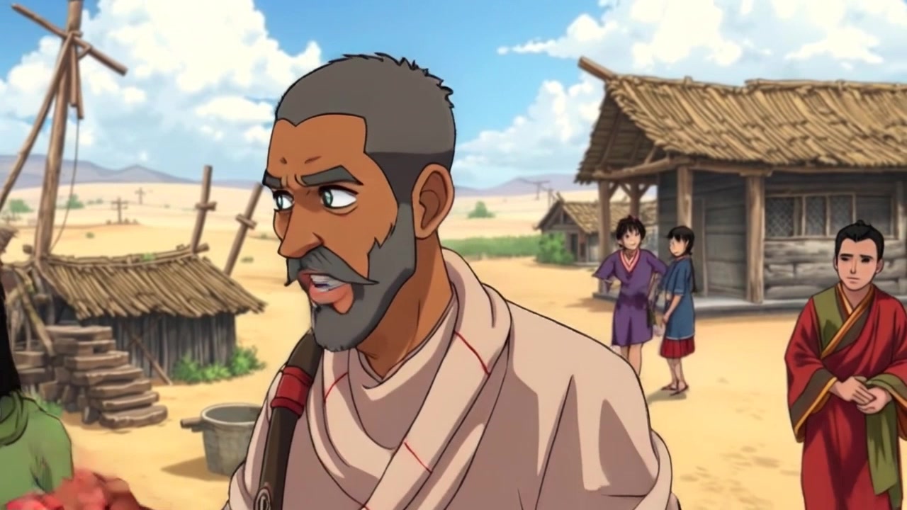 Subject: Kwame walking through the village, engaging in conversation with villagers along the way. Subject movement: The Kwame strides confidently, gesturing animatedly as he listens to the villagers' concerns about the barren land. Scene: A rustic village setting with dusty paths, scattered huts, and dry fields in the background. Style: Soft, diffused morning light illuminating the scene with a warm glow, evoking a sense of community and shared purpose. Motion: The camera follows closely behind the Kwame, capturing intimate moments of interaction while panning sideways to reveal the villagers' expressions.
