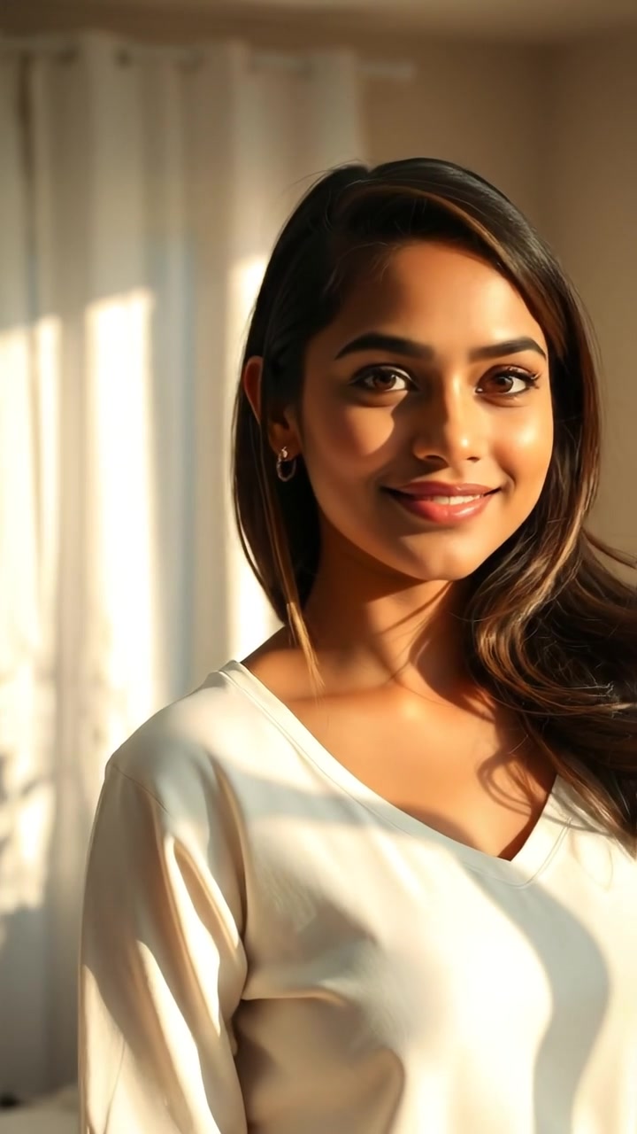A portrait of Priya standing in a sunlit room, with soft natural lighting illuminating her gentle smile. The scene features high detail, a smooth camera dolly shot capturing her serene expression, and warm tones creating an inviting atmosphere. The background audio features soft ambient music.