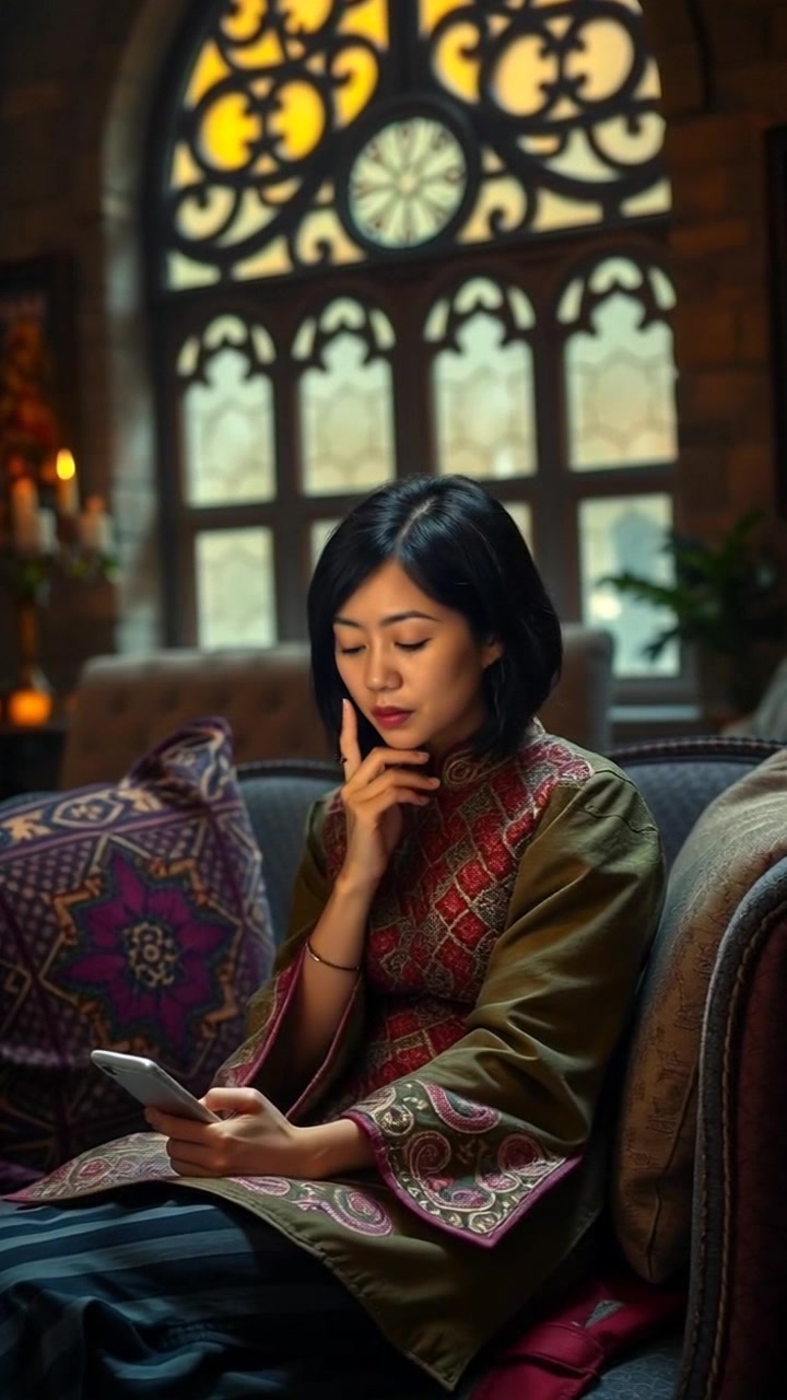 Subject: A young woman looking puzzled while sitting in a cozy living room. Subject movement: She types thoughtfully on her smartphone, pausing occasionally to reflect. Scene: Warm, inviting living room with soft lighting, featuring a plush sofa, bookshelves, and decorative plants. Motion: Camera slowly pushes in to capture her expression, creating an intimate atmosphere that draws the viewer into her moment of contemplation.