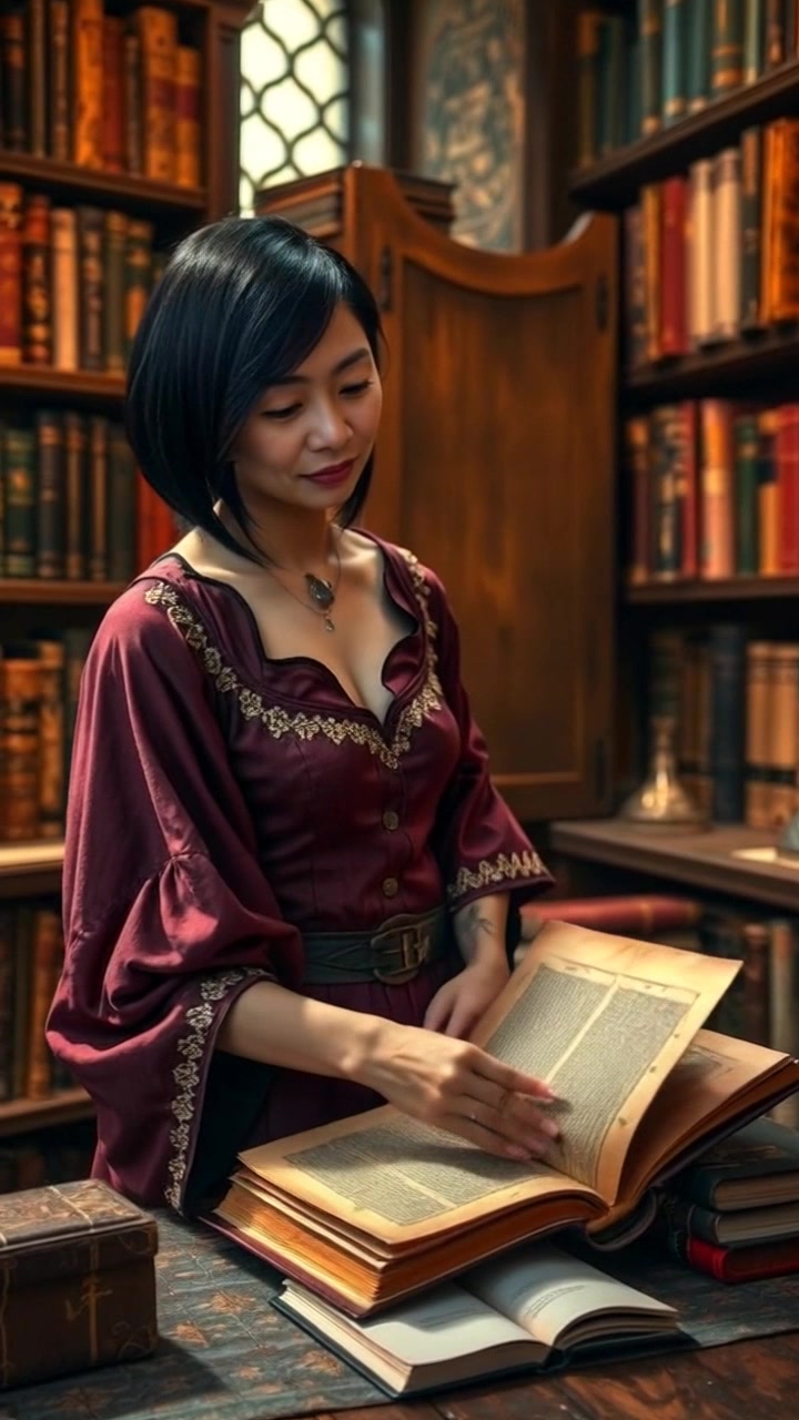 Subject: A person examining a dusty tome. Subject movement: The individual delicately turns the pages of the book, leaning in closer with curiosity. Scene: A cozy library filled with ancient books, wooden bookshelves lining the walls and a warm ambiance. Style: Soft, warm lighting creates an inviting atmosphere, enhancing the richness of the wooden textures. Motion: The camera slowly pushes in to reveal more details of the book and the individual's focused expression, creating an intimate connection with the scene.