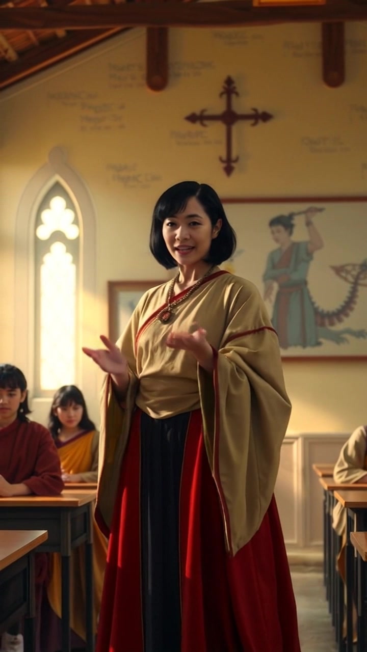 Scene: A vibrant classroom setting with a teacher engaging passionately at the front, addressing attentive students seated at desks. Style: Bright, natural light streaming through large windows, creating a warm and inviting atmosphere. Motion: The camera slowly dolly in towards the teacher, capturing their expressive gestures and focused expressions of the students as the lesson unfolds.
