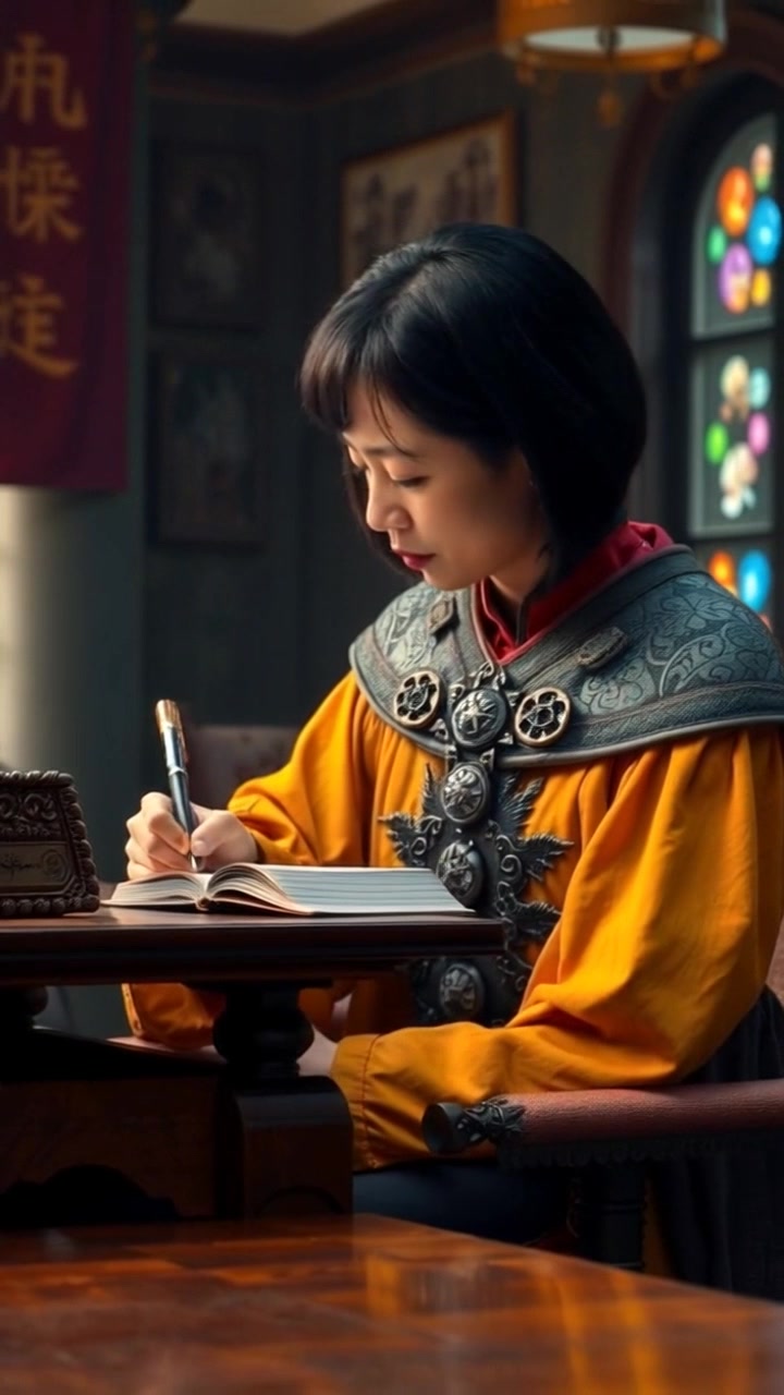 Subject: A focused individual named Li sitting at a wooden desk, diligently writing notes. Subject movement: Li occasionally glances up thoughtfully, shifting papers around as they write. Scene: Cozy study room filled with warm wood textures and bookshelves. Style: Soft, ambient lighting creates an inviting atmosphere, accentuating the details of the desk and surrounding items. Motion: Smooth dolly in to capture Li's concentrated facial expressions and writing motion, then subtly pull back to reveal the cluttered desk and working environment.