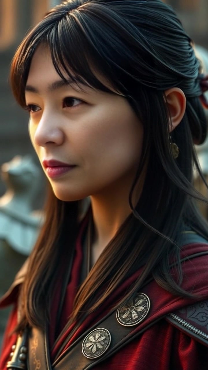 Subject: A determined individual with sharp eyes and flowing black hair, showcasing intense focus. Subject movement: The person's expression subtly shifts as they prepare for an important moment. Scene: Set against a blurred urban backdrop, casting soft hues of twilight. Style: Ambient evening light enhances the mood of anticipation and resolve. Motion: Camera slowly pushes in for a close-up on the face, capturing the depth of emotion and determination.