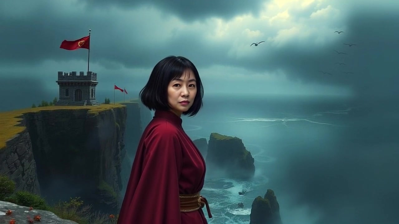 Scene: Li standing at the edge of a cliff, gazing intently at a stormy sea below while dark clouds loom overhead. Lighting: Dramatic, overcast lighting amplifying the tension in the atmosphere. Motion: The camera performs a slow, sweeping dolly out from Li, capturing the powerful waves crashing against the rocks and the ominous sky, creating a sense of impending storm.