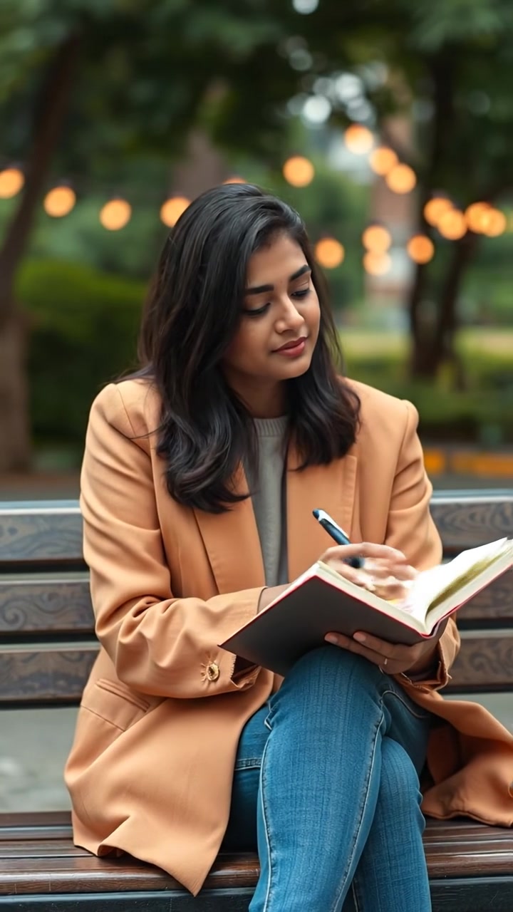 A thoughtful Priya sitting on a park bench, writing in a journal with a serene expression, bathed in warm natural sunlight, high detail, gentle camera dolly shot emphasizing her contemplative mood, surrounded by soft shadows and lush greenery in the background. The audio features subtle ambient sounds of nature.