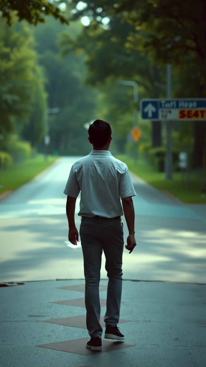 A solitary person standing at a crossroads during golden hour, contemplating multiple diverging paths. The scene features soft natural lighting, high detail, and a gentle camera dolly shot that emphasizes the tension of choice. Background sounds of rustling leaves and distant ambient winds enhance the reflective mood.