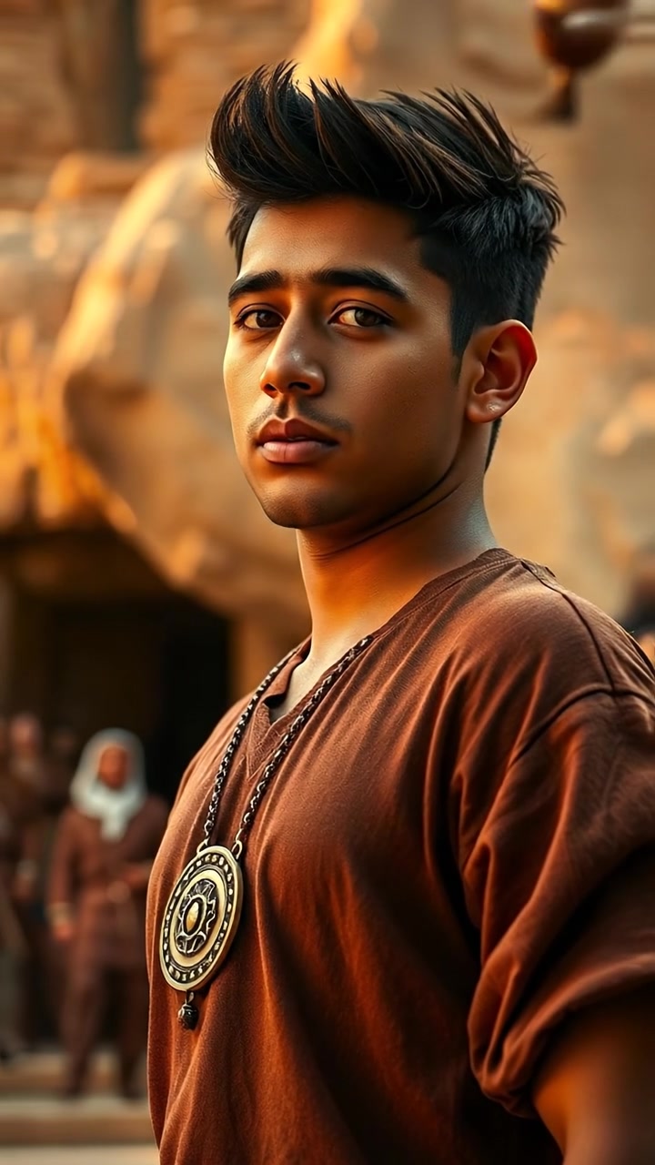 Amir stands confidently in front of a rugged rock formation, bathed in warm natural sunlight, with high detail and smooth camera movement capturing his poised stance. The background features lush greenery against a bright blue sky, evoking a sense of anticipation. The audio features gentle wind sounds in the background.